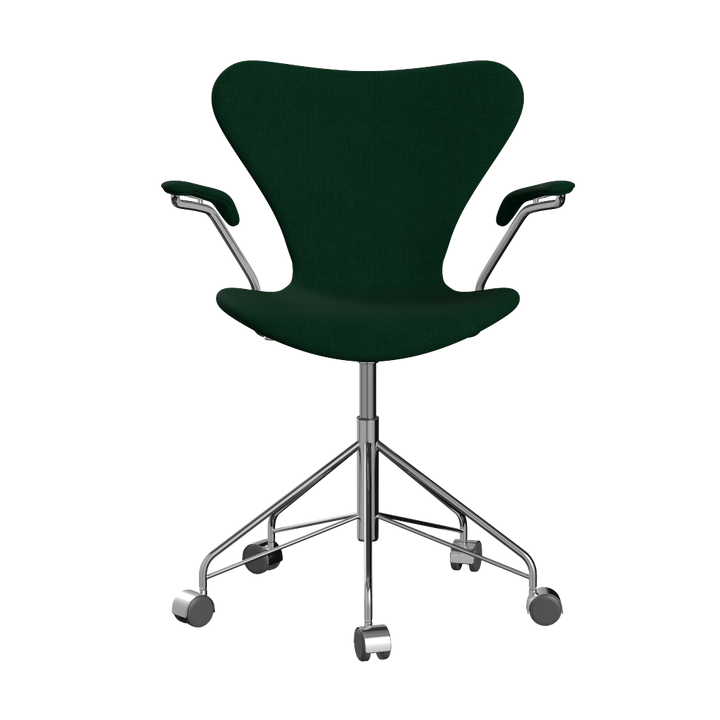 3217 Syver kontorstol fra Fritz Hansen i fuldpolstret stof i flaskegrøn