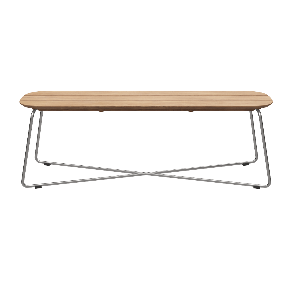 Lilben teak træ havebænk. Bænken har træ sæde og stål ben