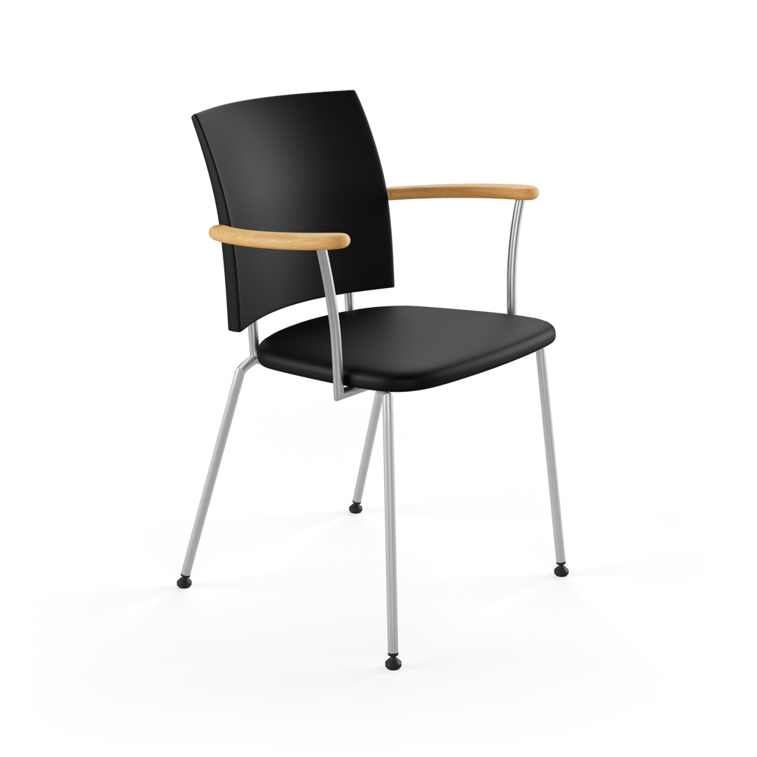 Panther spisebordsstol med armlæn fra Naver Collection. Stolen har ben af rustfrit stål, armlæn i træ og sæde i forskellige farver og sammensætninger.