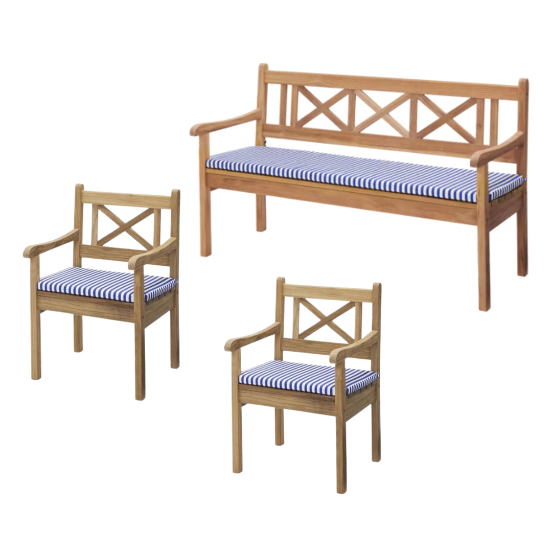Havebænke sæt med blå stribede hynder