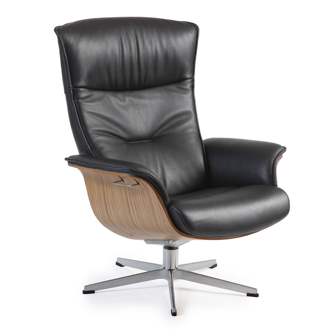 Prime lænestol, sort læder, komfort, afslapning, olieret eg