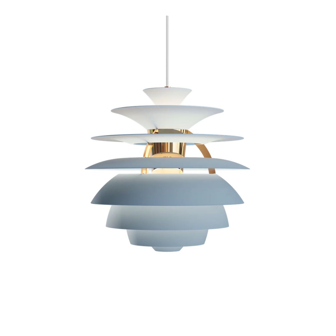 PH Snowball fra Louis Poulsen i nye smukke farver. Her ses lamepen i Dusty Blue Brass Metallised.
