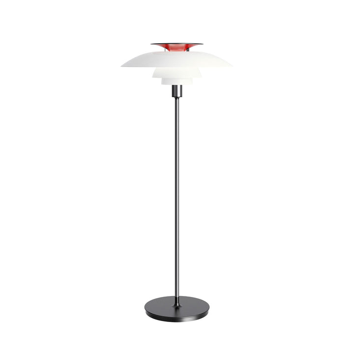 PH 80 gulvlampe designet af Poul Henningsen for Louis Poulsen i rød og krom